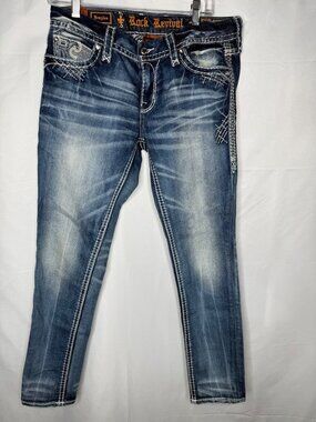 Rock Revival Braylee Womens Distressed Skinny Jeans Blue Size 30 Embroidered Poc